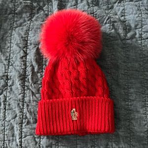 100% Authentic Moncler Grenoble hat with fur pom (red).